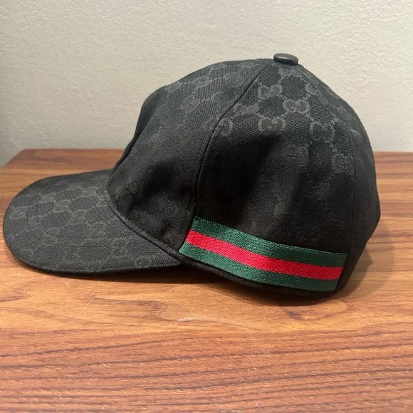 Gucci GG Canvas Baseball Cap Black Web Stripe Sherry Line Hat - Picture 2 of 4